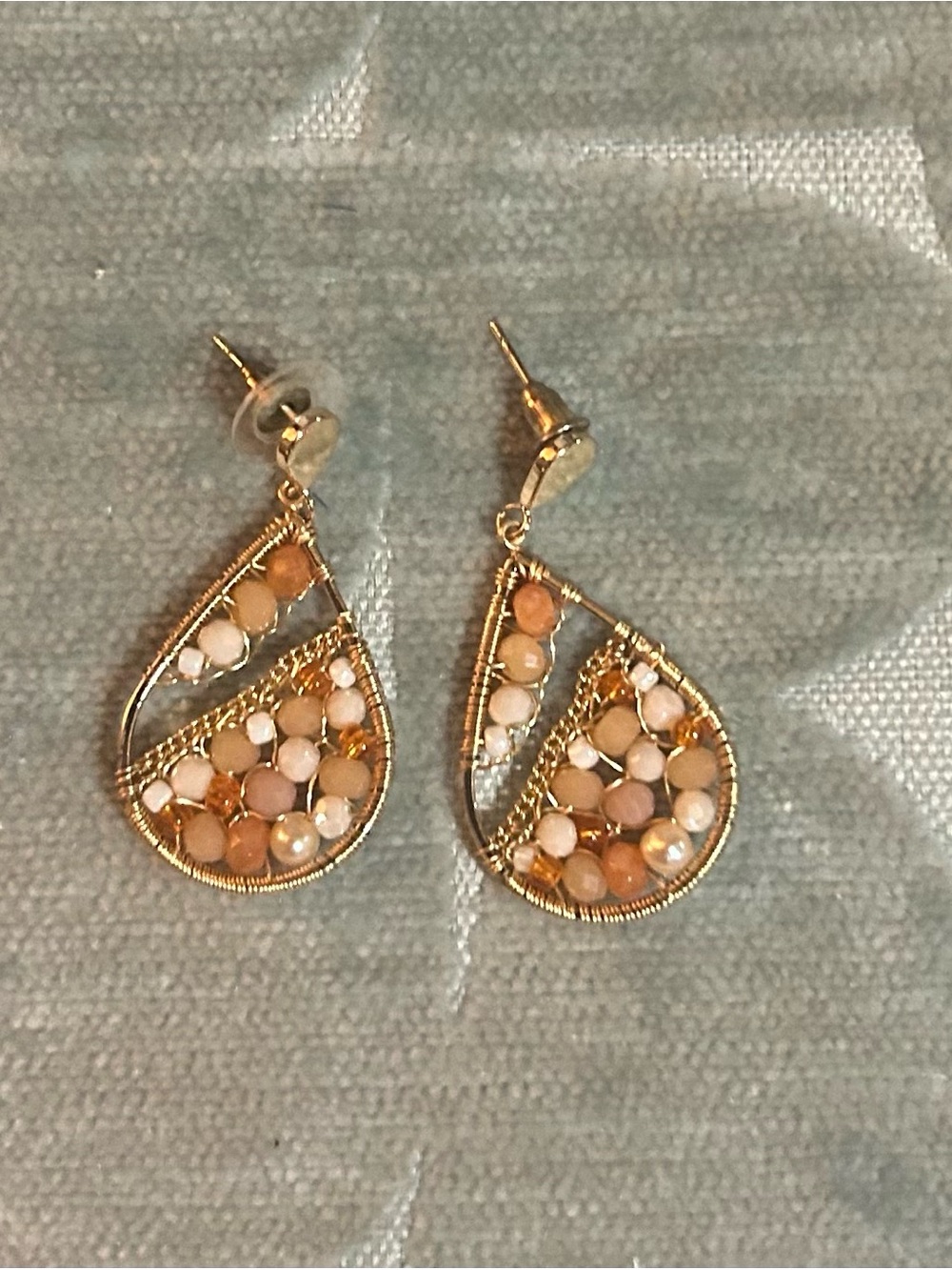Gold Teardrop Beaded Earrings - Elegant Peach & White